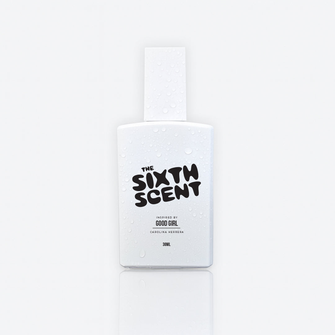 Scented image of The Sixth Scent Good Girl perfume bottle with elegant black and gold packaging, showcasing luxury fragrance.