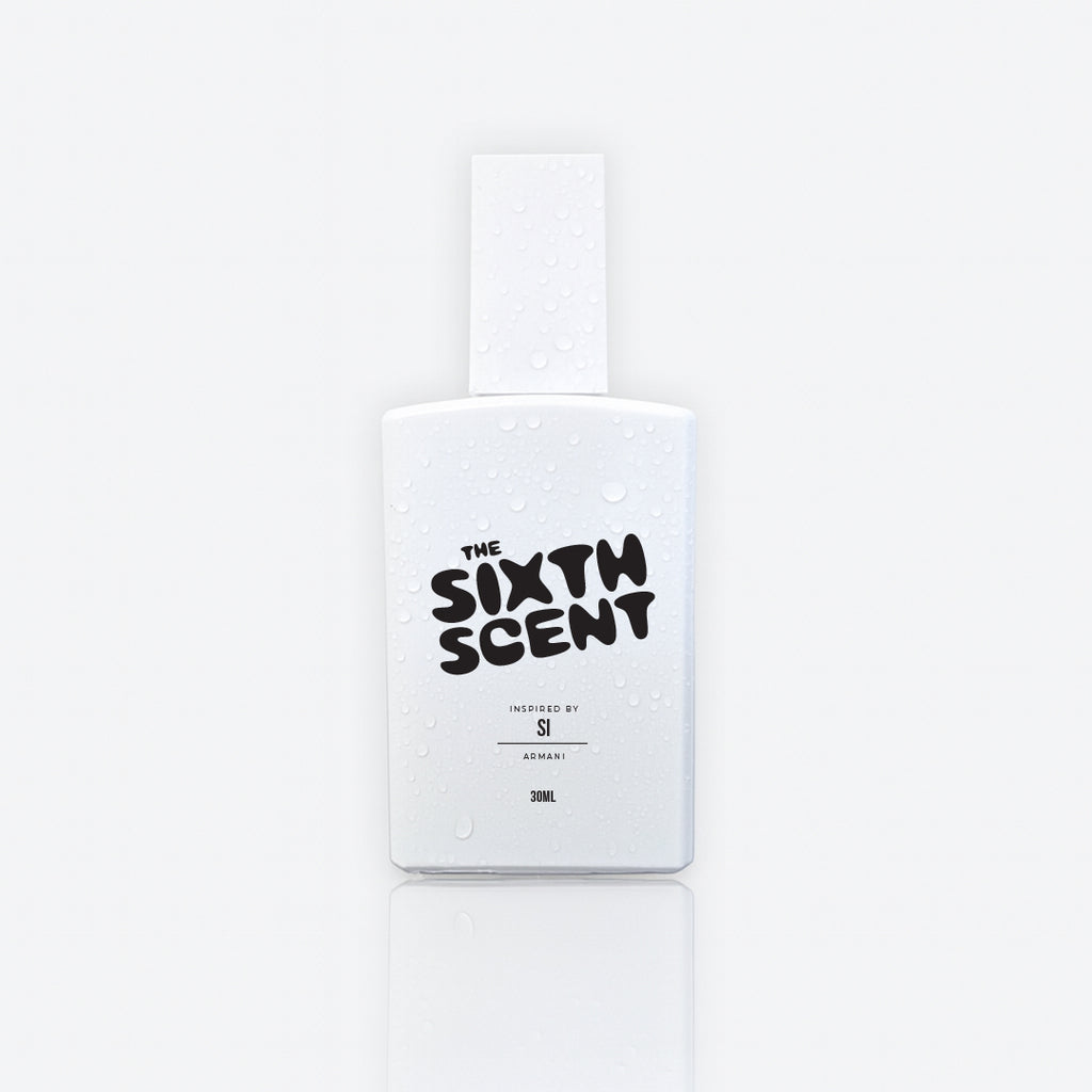 Elegant bottle of The Sixth Scent SI SIGNATURE perfume with a sleek design and minimalist label.