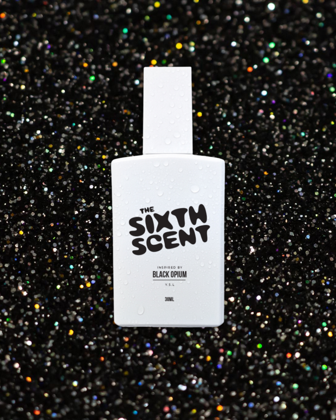 The Sixth Scent Midnight Opium perfume bottle with dark, elegant design and floral accents, showcasing a luxurious fragrance.