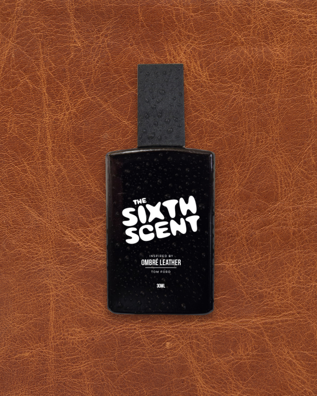 Elegant bottle of The Sixth Scent Leather Noir perfume with sleek black packaging and minimalist design.
