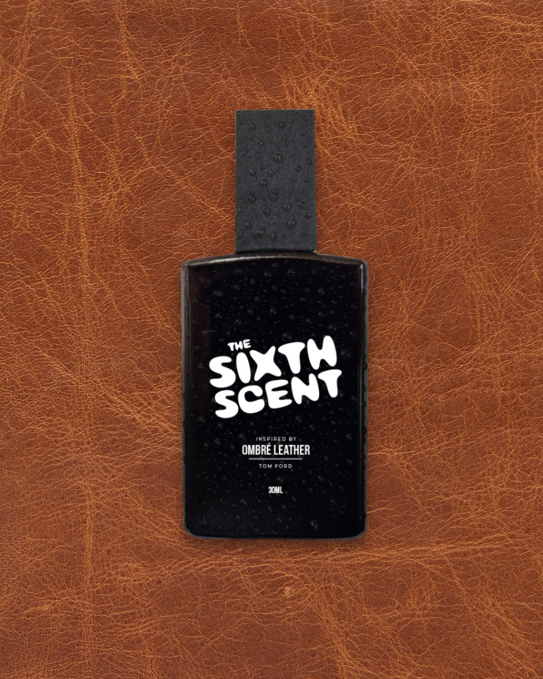Elegant bottle of The Sixth Scent Leather Noir perfume with sleek black packaging and minimalist design.